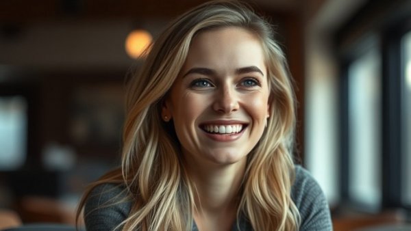 Smiling woman sharing healthy lifestyle tips indoors.