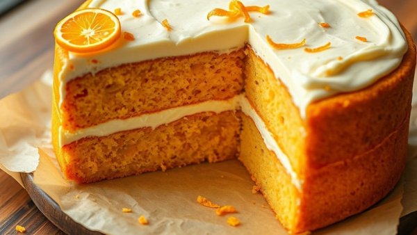 Whole orange cake with creamy frosting and orange zest, slice cut out.