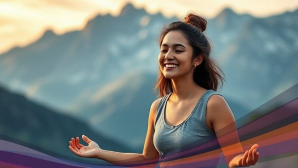 Mindfulness meditation graphic with smiling woman and mountain.