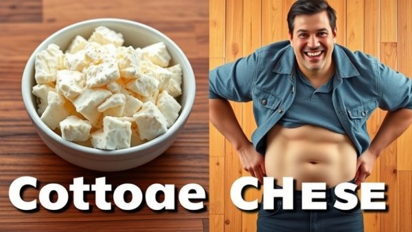 High protein foods for fat loss: Cottage cheese, fit midsection, vibrant collage.
