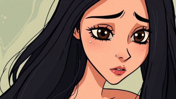 Expressive cartoon woman reflecting on self-care routine.