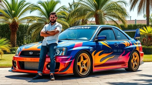 Subaru automotive brand identity: Custom Subaru Brat in garden.