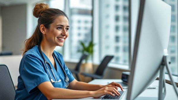 Nurse using AI in patient management systems on a computer in a bright office.