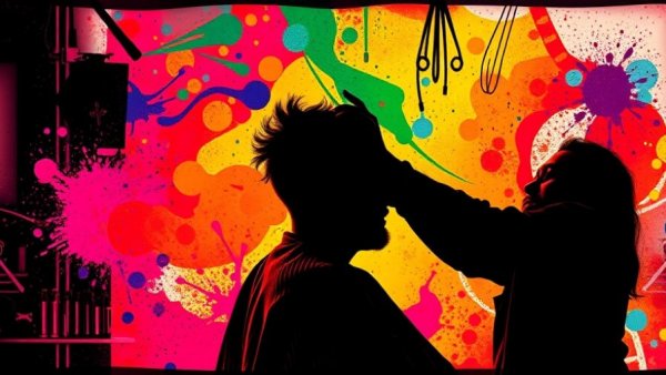 Silhouette of barber cutting hair in colorful self-care routine scene.