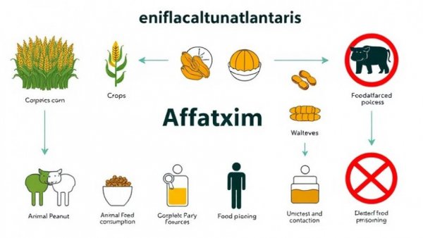 Diagram of aflatoxin contamination pathway, highlighting susceptible foods, feed sources, and human consumption.
