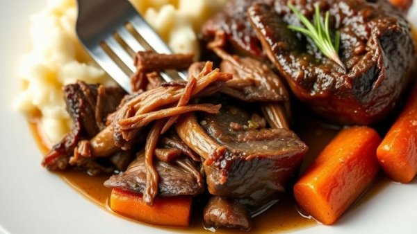 Tender braised short ribs with carrots and potatoes on a plate.