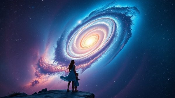 Woman and child gazing at galaxy, self-care and awe in cosmic scene.