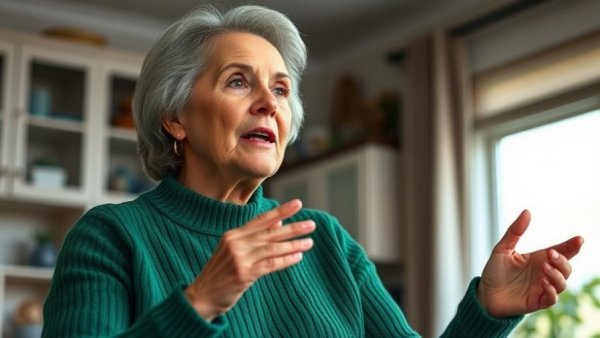Woman discussing microplastics in dishwasher pods, indoors with natural lighting.
