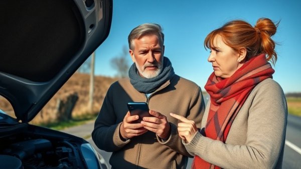 Worried couple on rural road after car accident discussing legal tips.