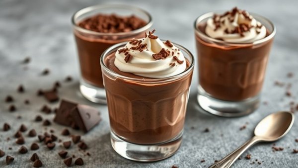 Easy chocolate mousse dessert in a glass with whipped cream.