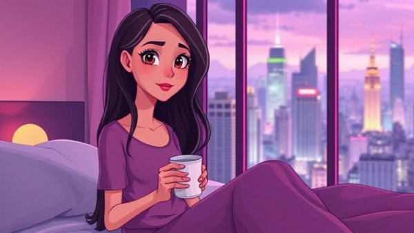 Mindfulness for anxiety concept cartoon of woman by window with city skyline.