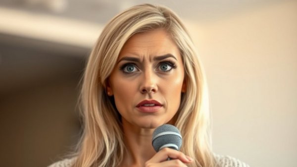 Blonde woman holding microphone skeptically, relating to how to start living healthy.