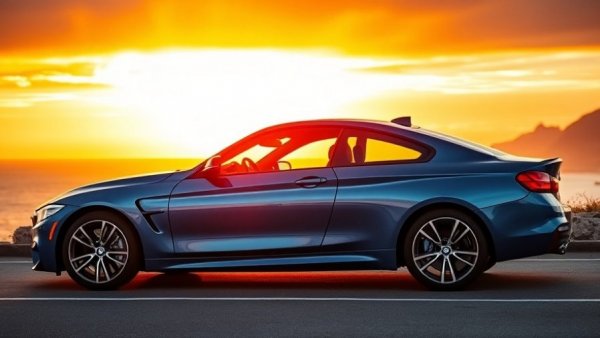 BMW coupe at sunset on coastal road, over 200,000 miles