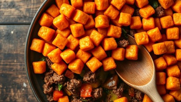 Sweet potato tater tot casserole with veggies in a skillet.