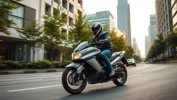 Budget touring motorcycle with two riders cruising through an urban area.