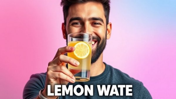 Smiling man holding lemon water, daily health benefits.