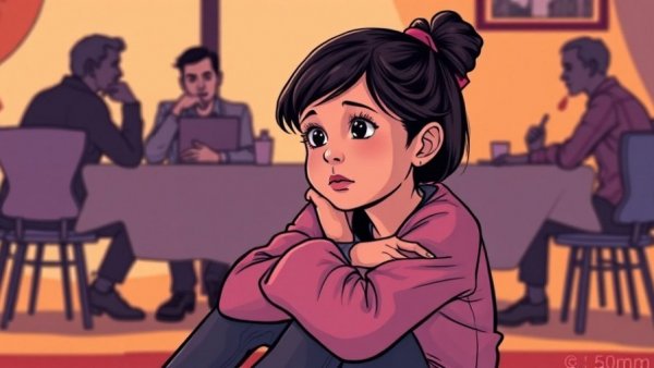 Contemplative young girl reflecting quietly in a cartoon setting.