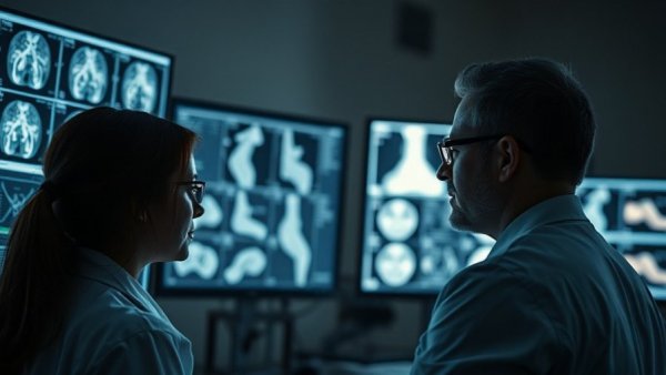 Scientists examining digital medical scans in a lab, designing digital medicine that scales.