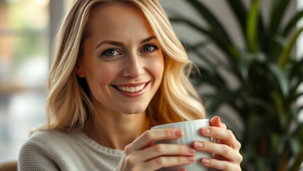 Woman smiling and holding a coffee mug indoors, introducing peanuts to babies