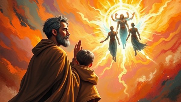 Abstract painting of father and child connecting with ancestors, symbolizing breaking generational patterns.