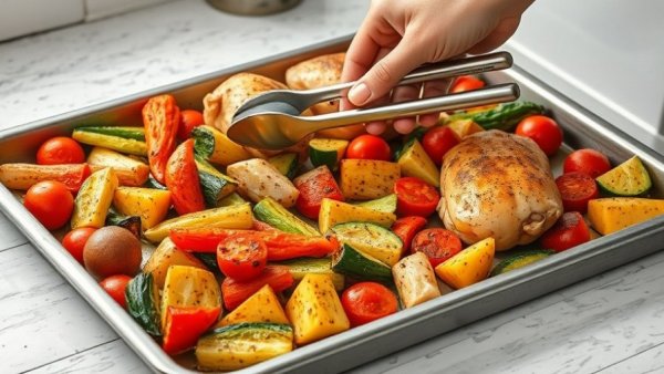 Healthy roasted vegetables and chicken meal preparation.
