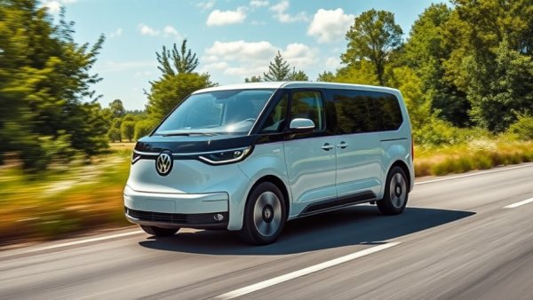 Volkswagen ID.Buzz van driving on road under clear sky.