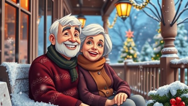 Elderly couple enjoying winter evening on a festively lit porch