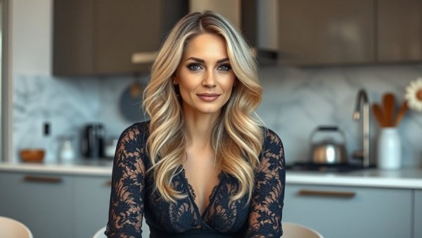 Blonde woman in black top discussing wellness drinks, indoor setting.