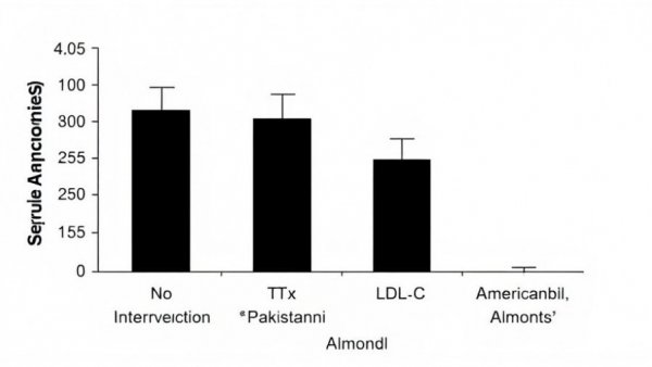 Bar chart showing LDL-C changes with almonds, highlighting health benefits.