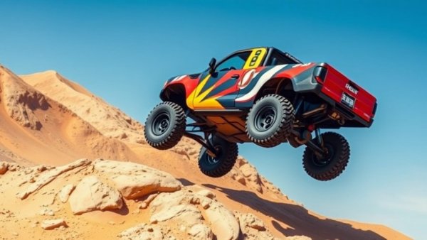 Off-road truck mid-jump in desert during truck jump competitions.