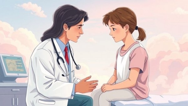 Doctor-patient dialogue scene, representation of self-care routine, in a dreamy cloud setting.