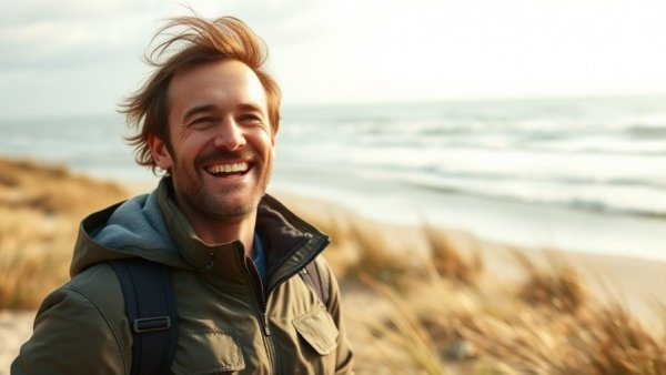 Smiling man by seaside, showcasing a windy beach day.