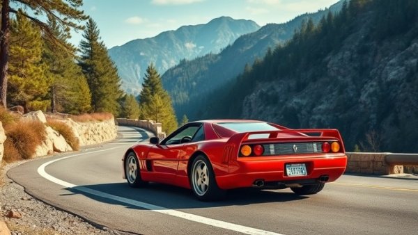 90s red sports car on winding mountain road.