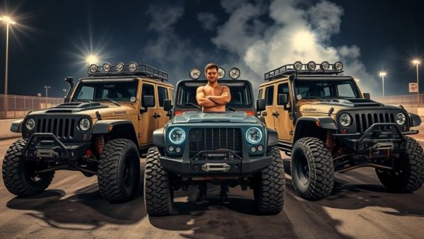 Rugged vehicles on track at night showcasing modifications in dramatic lighting.