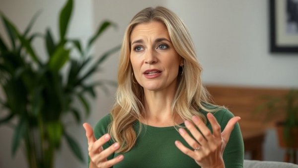 Blonde woman speaking in a calm room, emphasizing her point.