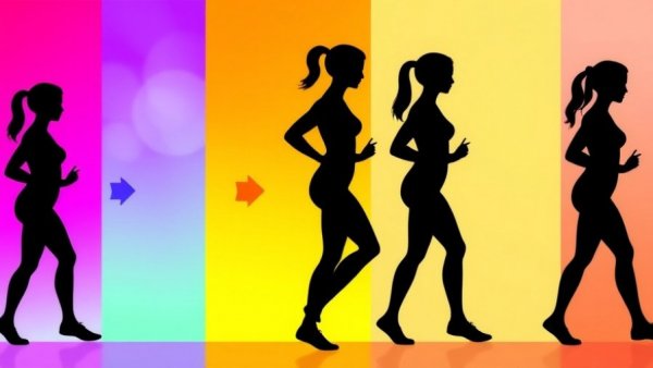 Stages of weight loss from walking, vibrant illustration.