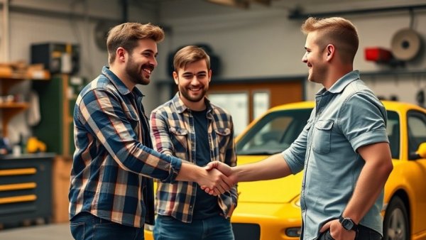 Friends in a garage showing camaraderie, making cars better.