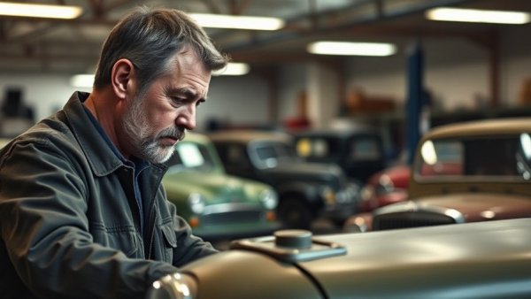 Middle-aged man DIY car repair on vintage jeep in garage, warm lighting.