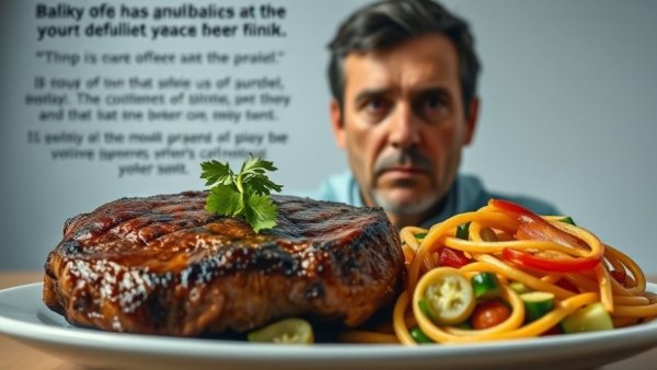 Skeptical man observing plate with steak, salad, and pasta for safe fasting tips.