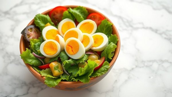 Healthy lifestyle tips: Colorful salad bowl with eggs on marble.