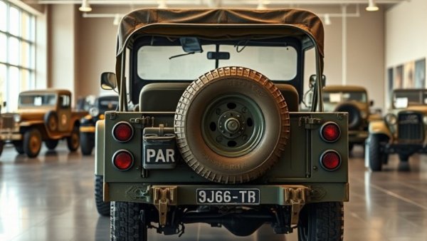 Rear view of a vintage military jeep displayed indoors.