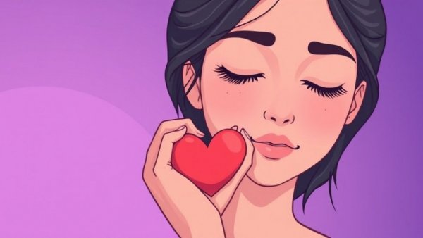 Cartoon woman embracing heart symbol in self-care routine.
