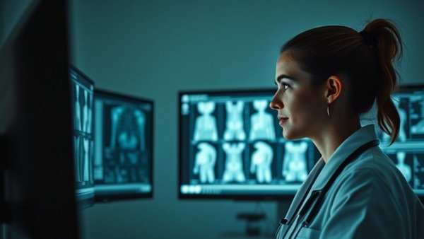 AI in UAE healthcare: doctors examining medical imaging on screens.