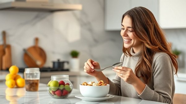 Smiling woman with healthy meal, in kitchen, promoting healthy eating losing weight.