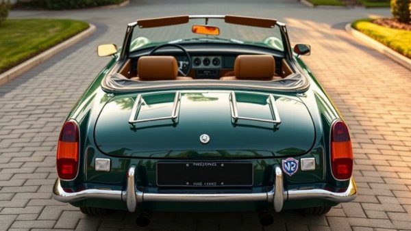 MG B Roadster V8 rear view with leather interior, classic collector's dream.