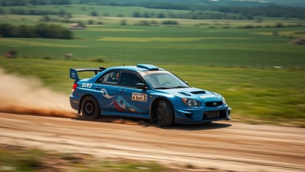 Blue rally car drifting on dirt track during performance automotive review.
