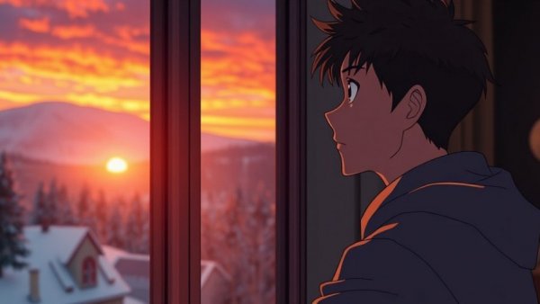 Anime-style man embracing self-love practices, gazing at sunset.