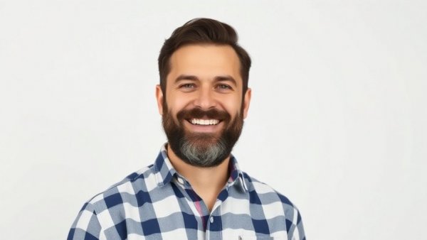 Smiling man in checkered shirt, plain background, natural light.