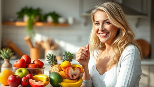 Woman enjoying healthy fruits in a bright kitchen promoting healthy lifestyle tips.