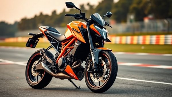KTM 990 Duke R bike on racetrack for review.